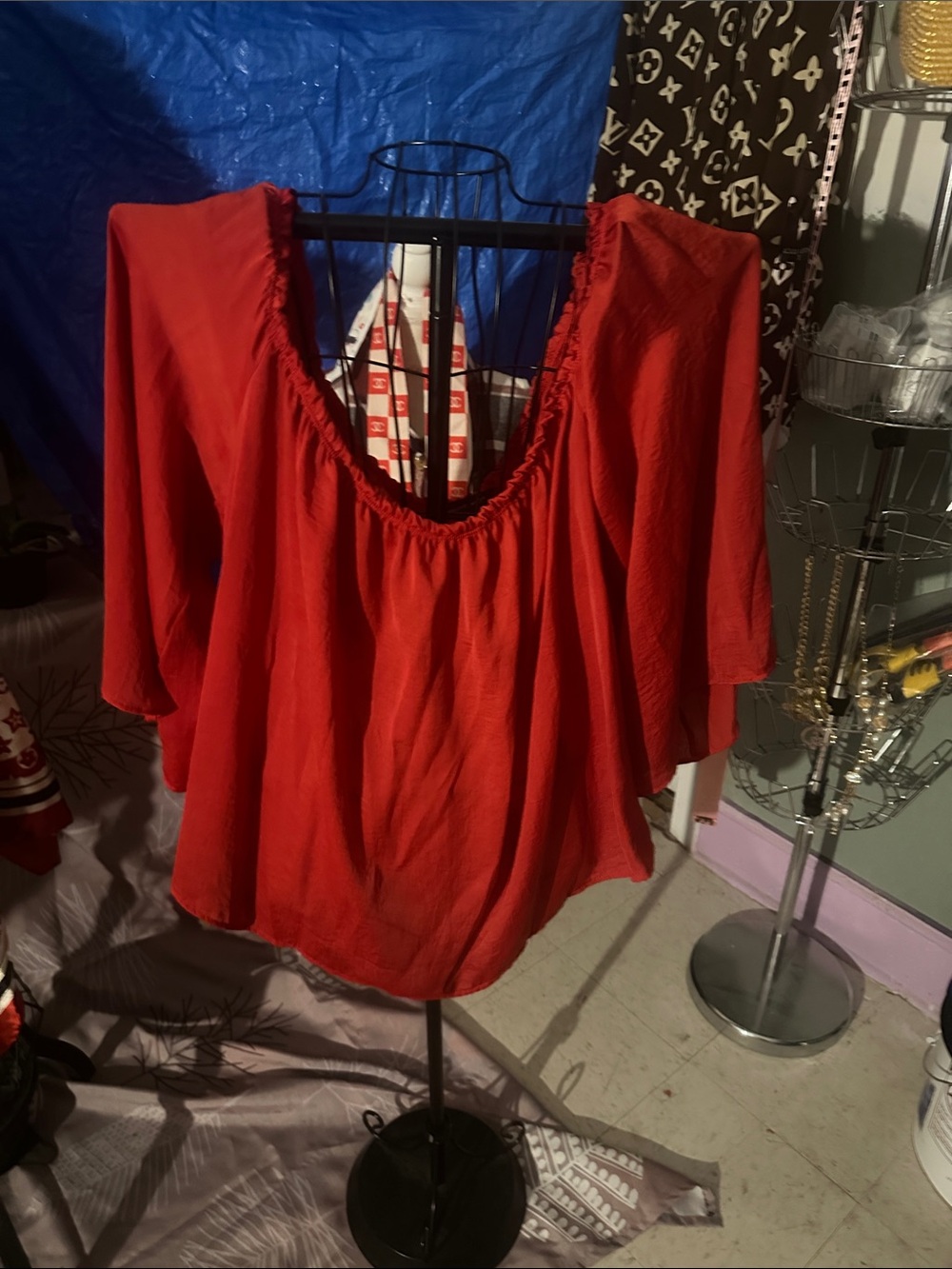 Women's Red Peasant Blouse - Relaxed Scoop Neck